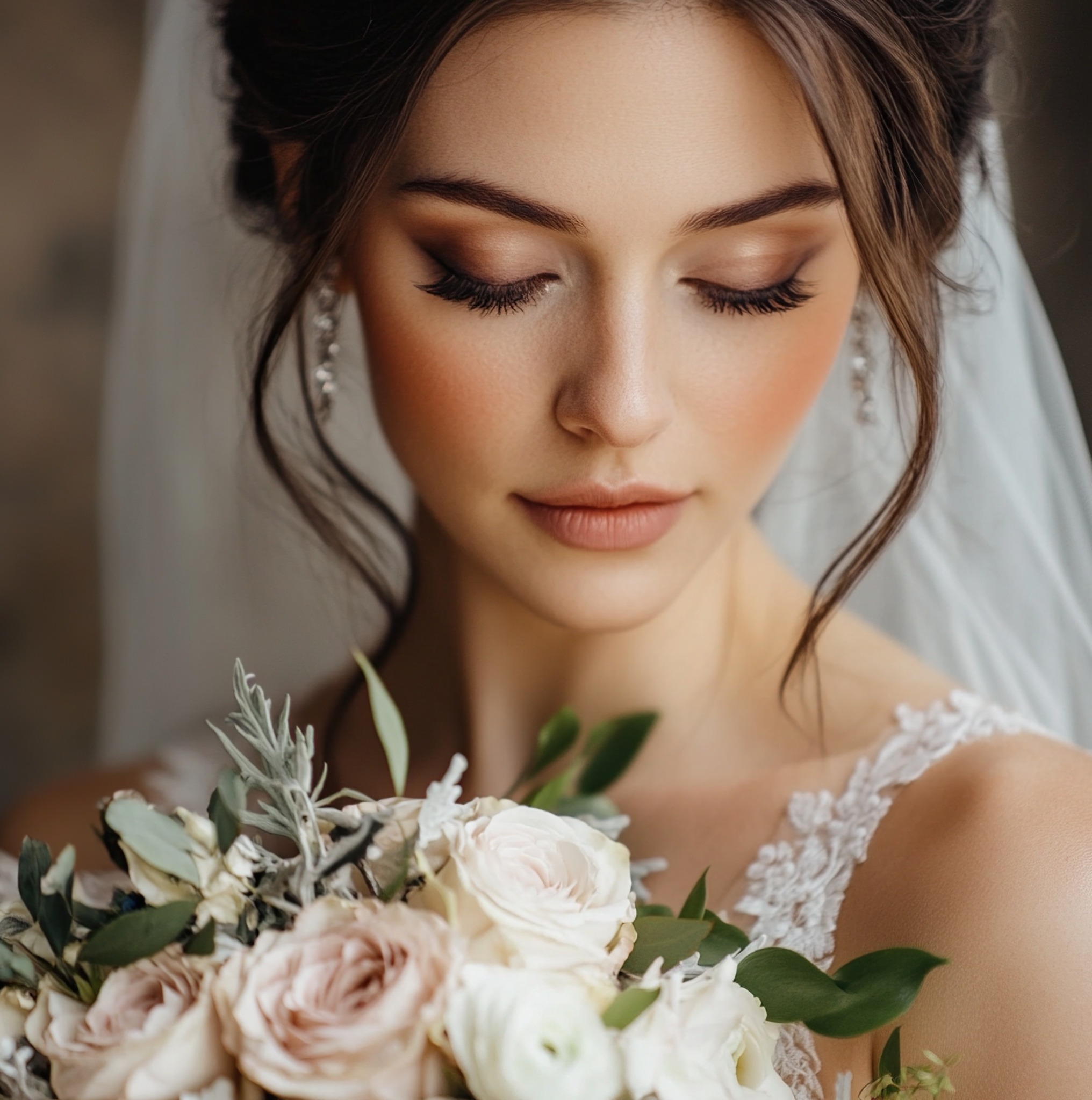 Eine Braut mit weichem Make-up, die einen Blumenstrauß hält.