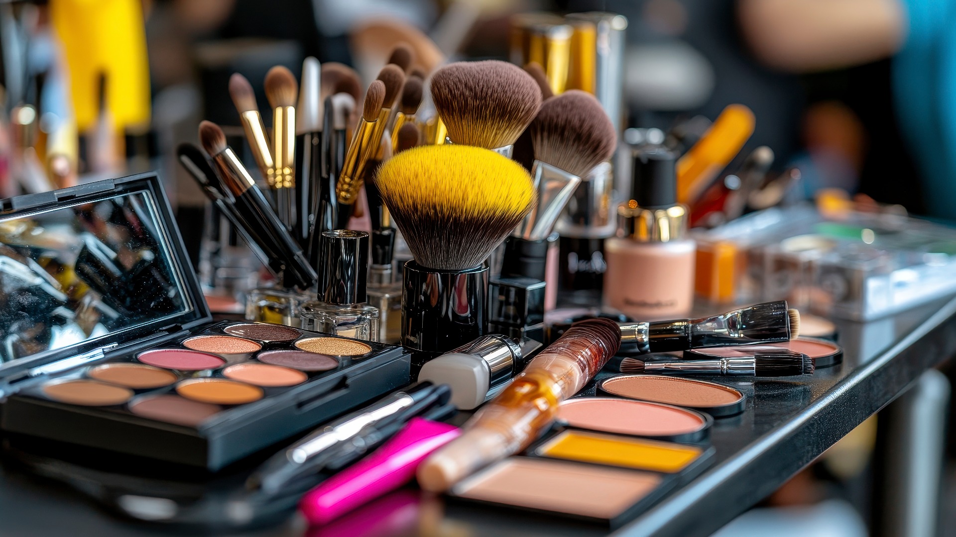 Lebendiges Make-up mit Pinseln, Paletten und Kosmetika auf einem Tisch bei einem Beauty-Event