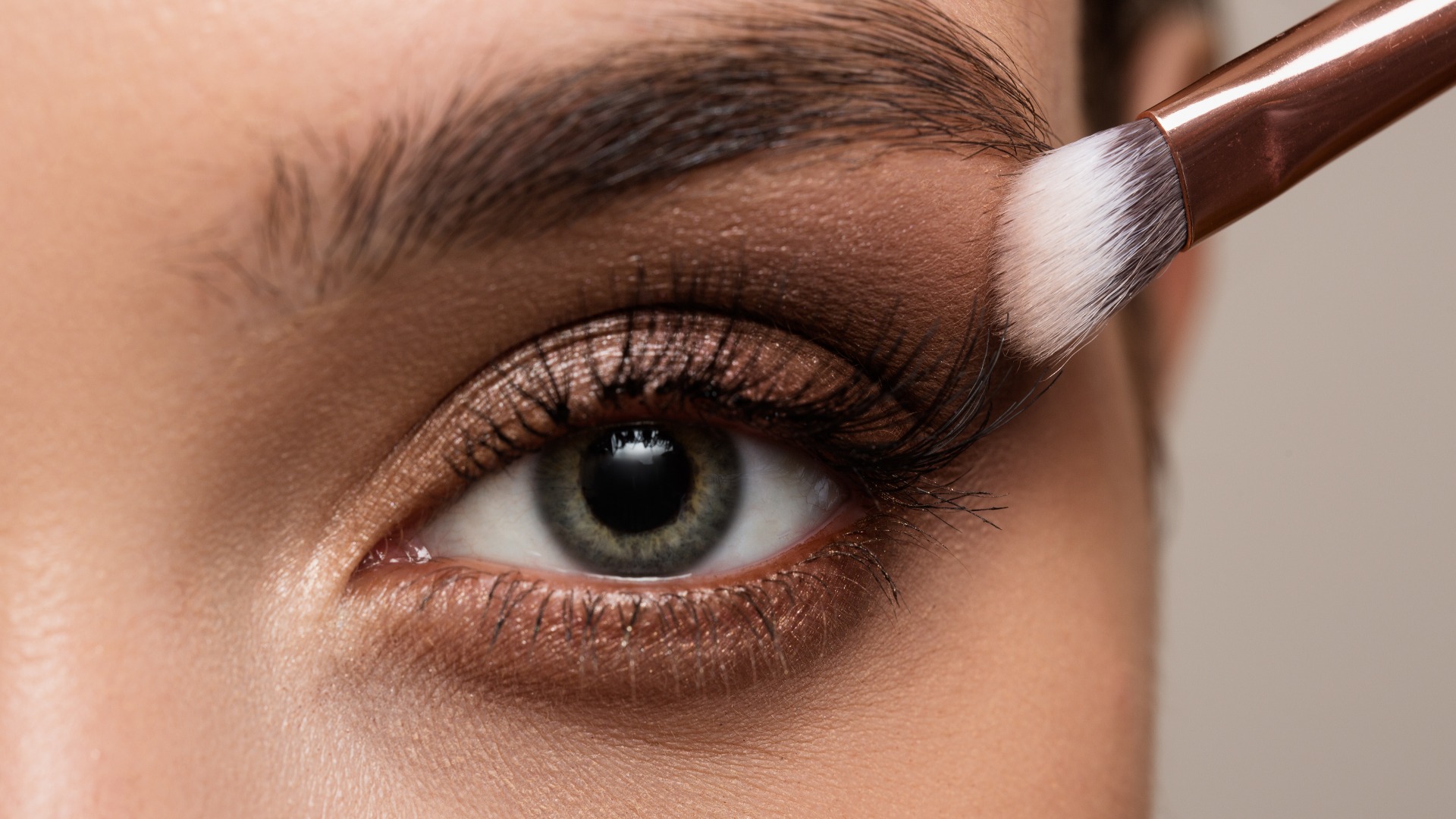 Weibliches offenes Auge in Großaufnahme. Augen-Make-up für Augenbrauen und Wimpern.
