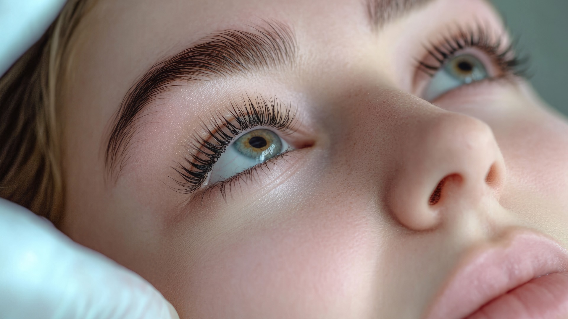 Wimpern färben. Junge kaukasische Frau beim professionellen Wimpernfärben, Nahaufnahme